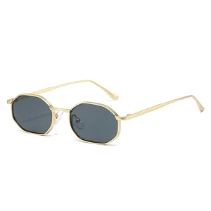 Trendy small frame polygon sunglasses for women and men, retro gold metal frame sun eyewear.