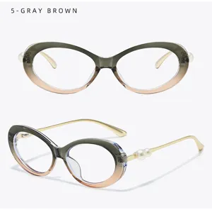 Fashionable oval anti-blue light glasses with gradient gray-brown frame and elegant pearl temples.