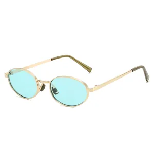Trendy oval metal frame sunglasses with light blue lenses for men and women daily wear.
