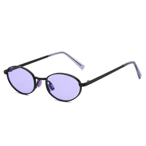 Trendy retro oval metal frame sunglasses with vibrant purple lenses for men and women daily use.