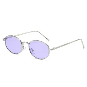 Vintage retro oval sunglasses featuring a slim silver metal frame and trendy light purple lenses.