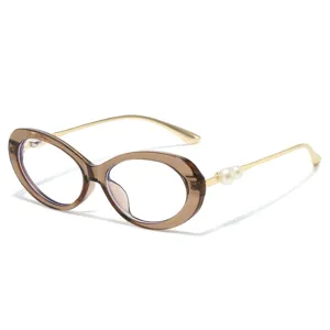 Stylish oval anti-blue light glasses frame with pearl decor clear lenses main view photo