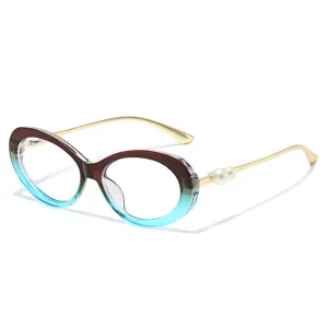 Fashionable gradient oval blue light blocking glasses frame with chic pearl decorated metal temples.