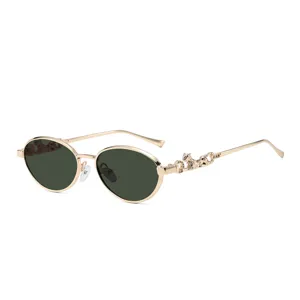 Golden oval sunglasses with luxury leopard temple design, retro vintage small frame eyewear.