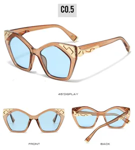 Detailed view of fashionable cat-eye sunglasses with translucent brown frames and blue lenses.