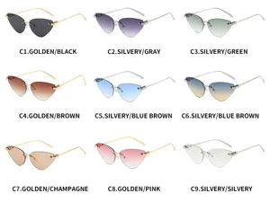 Stylish rimless cat-eye sunglasses featuring metal frames and gradient lenses for daily wear.