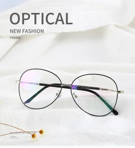 Detailed view of metal optical glasses frame, vintage oval design with clear demo lenses.