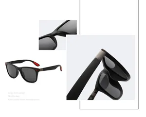 Polarized sunglasses detail view showing large frame design and exquisite temple closeups.