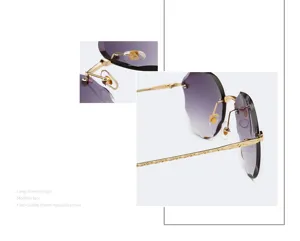 Frameless gradient sunglasses detail view, delicate diamond-cut lenses and engraved temples.