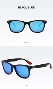 Polarized sunglasses for men and women with classic black frames and stylish blue mirror lenses.