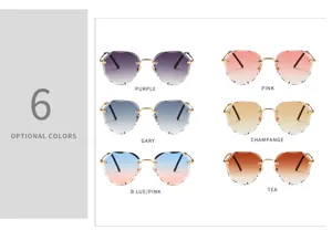Frameless diamond cut gradient sunglasses detail display featuring six optional vibrant color options.