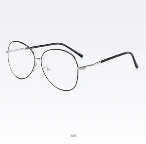 Korean style oval metal flat light eyeglasses frame, black and silver designer glasses.