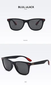 Detailed view of black polarized sunglasses featuring red accents and UV400 protection.