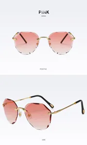 Pink gradient rimless sunglasses with diamond cut lenses and stylish gold metal details.