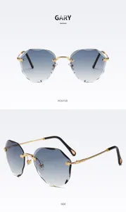 Rimless gradient sunglasses for women, fashionable diamond cut polygon frames with metal temples.