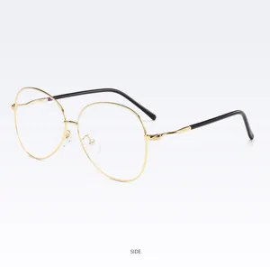 Detail view of gold metal frame round glasses, showing slim temple and delicate metal hinge.