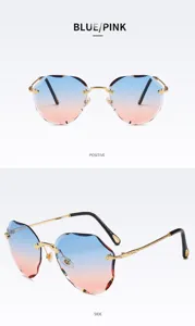 Stylish rimless gradient sunglasses with diamond cut lenses and gold metal frames for women.