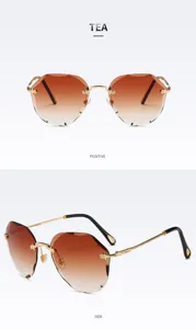 Fashion rimless gradient sunglasses with diamond cut lenses and stylish curved temples.