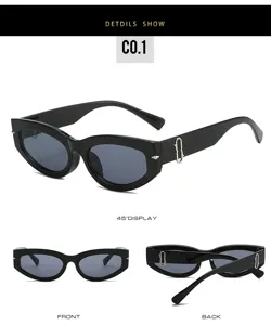 Retro cat eye zonnebril voor dames en heren, zwarte vintage zonnerbril met metalen designdetail.