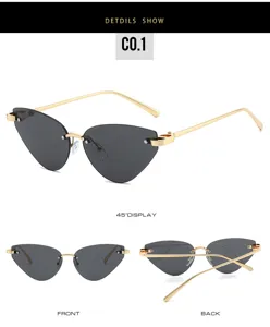 Fashion cat-eye rimless sunglasses for women, trendy metal frame gradient shades for daily wear.