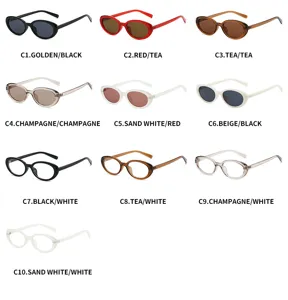 Retro oval sunglasses color variants detail show, trendy fashion cat-eye eyewear display.