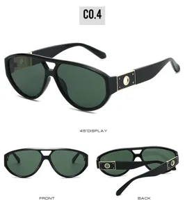 Detail view of double bridge pilot sunglasses featuring chic metal cutout temple design.