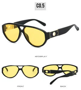 Trendy double bridge aviator sunglasses with yellow lenses and hollow circle temples.