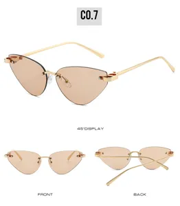 Rimless cat-eye sunglasses featuring gradient brown lenses and gold metal frames from multi angles.