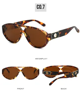 Trendy double bridge pilot sunglasses with unique cutout temples and brown lenses.