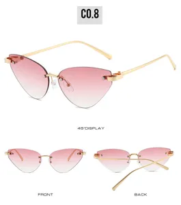 Details of fashionable rimless cat-eye gradient pink sunglasses with gold metal frame.
