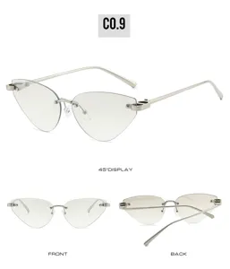 Stylish rimless cat eye sunglasses featuring diamond cut lenses and sleek metal temples.