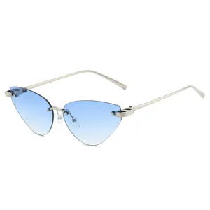 Fashionable cat-eye rimless gradient blue sunglasses with sleek silver metal temples for women.
