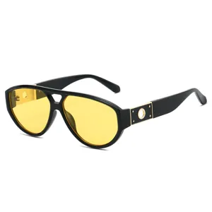 Trendy double bridge aviator sunglasses with yellow lenses and hollow metal circle temples.