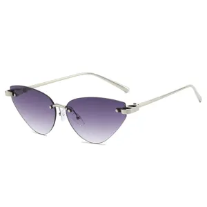 Fashion gradient purple rimless cat eye sunglasses for women with silver metal temples main view