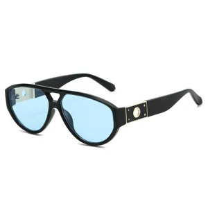 Trendy double bridge pilot sunglasses with unique hollow circle temple design for fashion look.