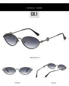 Detailansicht trendiger ovaler Farbverlauf-Sonnenbrille mit stilvollem Metall-Halbgestell.