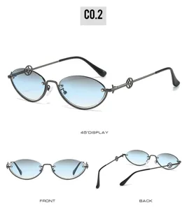 Nahaufnahme trendiger ovaler Farbverlaufs-Sonnenbrille mit Metallrahmen und filigranem Bügel.