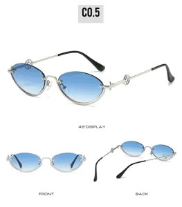 Detailansicht der ovalen Gradienten-Sonnenbrille mit Metall-Halbrahmen und blauen Gläsern.