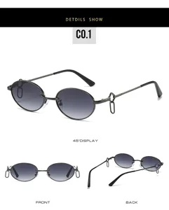 Trendy oval metal sunglasses with unique double ring decor, vintage hip-hop style fashion eyewear.