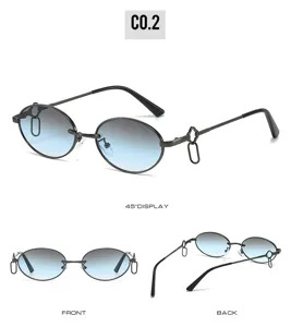 Stylish oval metal sunglasses with gradient blue lenses and unique double ring details.