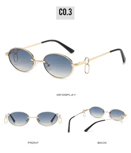 New oval metal sunglasses with double ring pendants, trendy hip-hop style fashion eyewear.