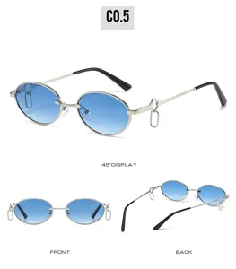 Detail view of trendy oval metal sunglasses with blue gradient lenses and ring charms.