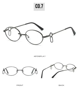 Detailed view of the metal oval sunglasses featuring unique double ring side details and slim frame.