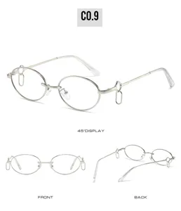New oval metal sunglasses with trendy double ring charms, chic hip-hop fashion eyewear.