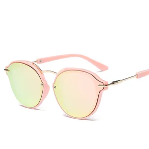 Pink round metal frame sunglasses with reflective gradient lenses for women fashion.