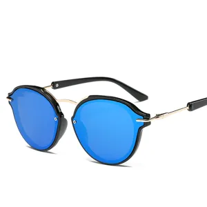 Stylish metal round frame sunglasses with blue mirrored lenses for trendy summer outdoor wear.