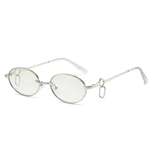 Silver oval metal sunglasses with unique clover charm loop temple design for fashion wear.