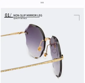 Close-up view of rimless fashion sunglasses featuring delicate metal carved anti-slip temples.