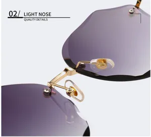 Detail shot of rimless diamond-cut sunglasses nose bridge and metal frame structure.