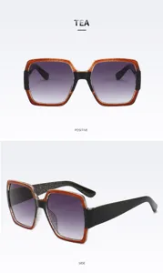 Vue détaillée de lunettes de soleil carrées surdimensionnées tendance avec verres dégradés.